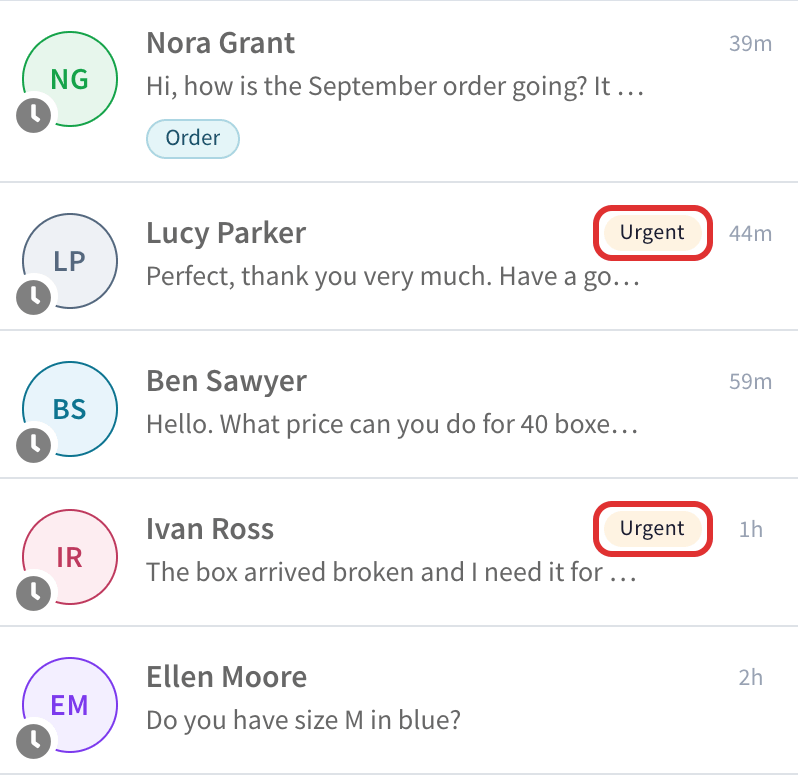 The chat list: two chats marked Urgent by the autopilot