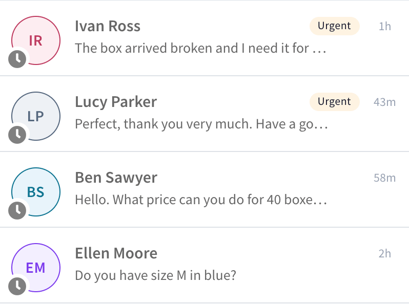 The chat list under Awaiting reply: only the chats where the customer is waiting for an answer, the two urgent ones first